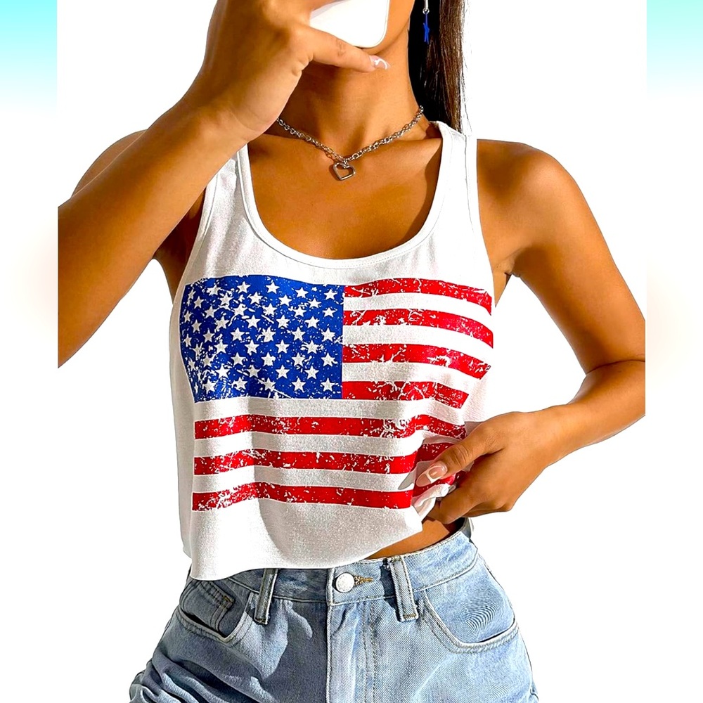Women's American Flag Crop Tank Top in White NWOT